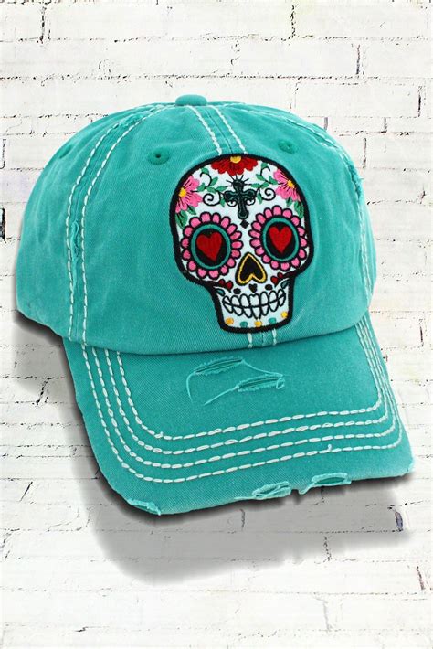 Distressed Sugar Skull Cap Turquoise Small Rose On Back 1550 Cute