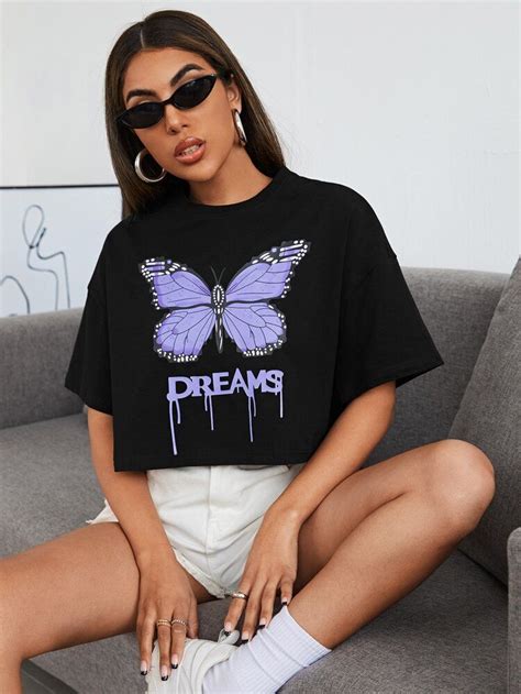Drop Shoulder Butterfly And Letter Print Crop Tee Shein Usa In 2021