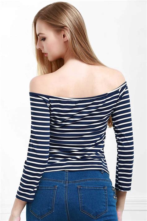 57 Off Stylish Off The Shoulder Striped Seamless Womens Top Rosegal