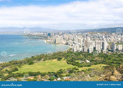 Panorama Skyline View Of Honolulu City And Waikiki Beach Stock Photo