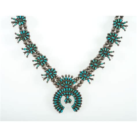 Zuni Petite Point Turquoise And Silver Squash Blossom Necklace Cowan