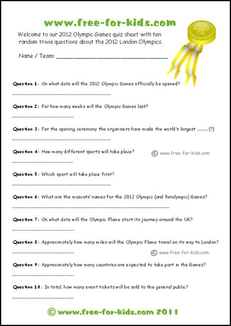 2012 Olympics Quiz Sheet Free For