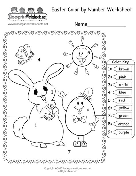 Free Printable Easter Color by Number Worksheet for Kindergarten