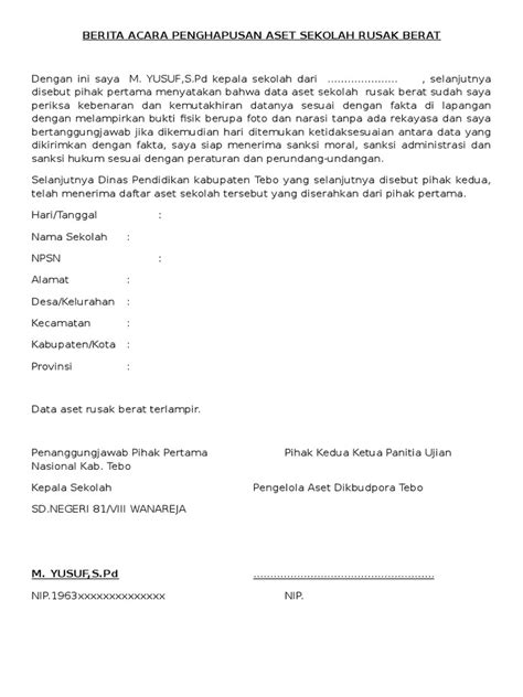 Contoh Surat Penghapusan Aset Sekolah