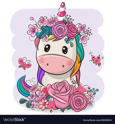 Cute Cartoon Unicorn With Flowers On A White Background Download A
