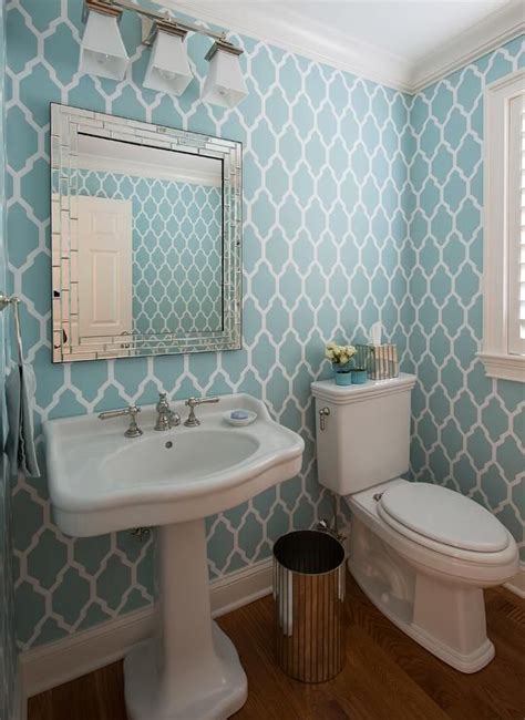 Blue Moroccan Trellis Wallpaper With Curved Pedestal Sink