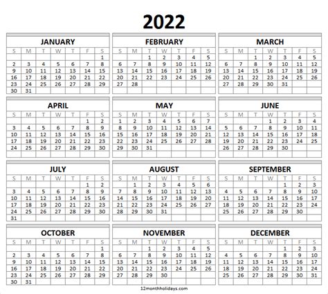 2022 Calendar One Page Printable 2022 January To December Calendar