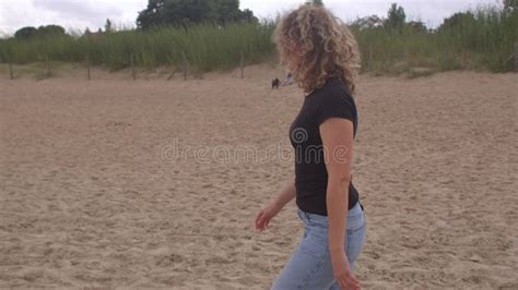 Girl Curly Hair Makes Steps Sand She Spends Leisure Time Walks Stock