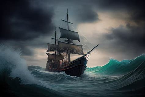 Pirate Sailing Ship Sailing Through The Storm Generative Ai Stock