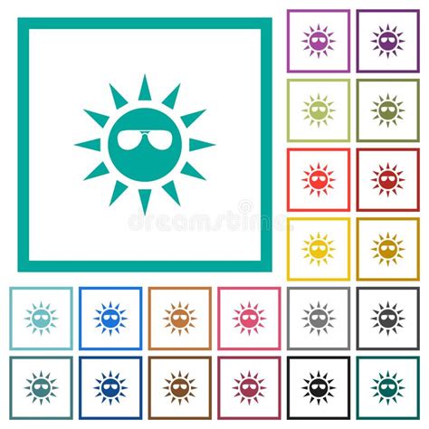 Sun With Sunglasses Flat Color Icons With Quadrant Frames Stock Vector