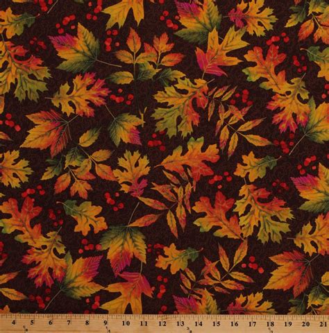 Autumn Leaves Fall Leaf Brown Metallic Shimmer Cotton Fabric Print Bty