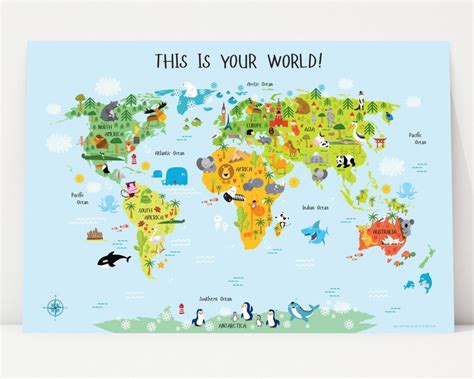 Printable Wall Art World Map Instant Download Nursery Etsy Intended