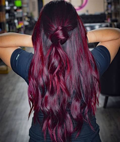 Dark Hair With Bright Burgundy Red Highlights Red Balayage Hair Wine