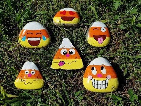 Halloween Candy Corn Painted Rocks With Funny Facesemojis Corn