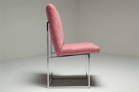 White round dining table with 4 pink velvet dining chairs. Six Chrome Frame Milo Baughman Dining Chairs in Pink Ultra ...