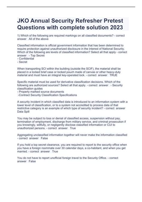 JKO Annual Security Refresher Pretest Questions with complete solution