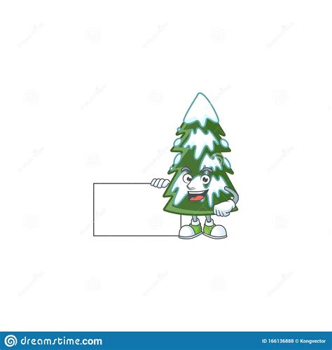 Christmas Tree Snow Cute Cartoon Character With A Board Stock Vector