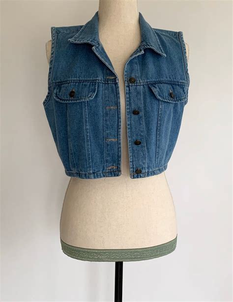 Cropped Denim Jean Vest Sleeveless Jacket Vintage 90s Medium Wash Made
