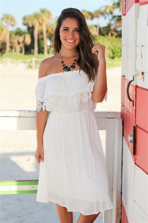 White Off Shoulder Short Dress With Lace Cute Dresses Saved By The