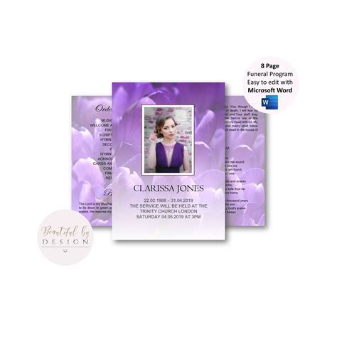 8 Page Purple Flowers Funeral Program Template For Women Etsy Uk