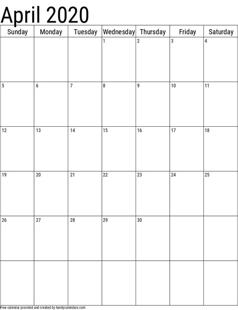 2020 April Calendars Handy Calendars