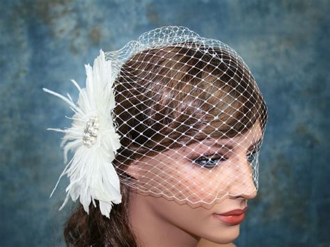 Ivory Birdcage Veil With Hair Flower Feather Fascinator 12bvff001