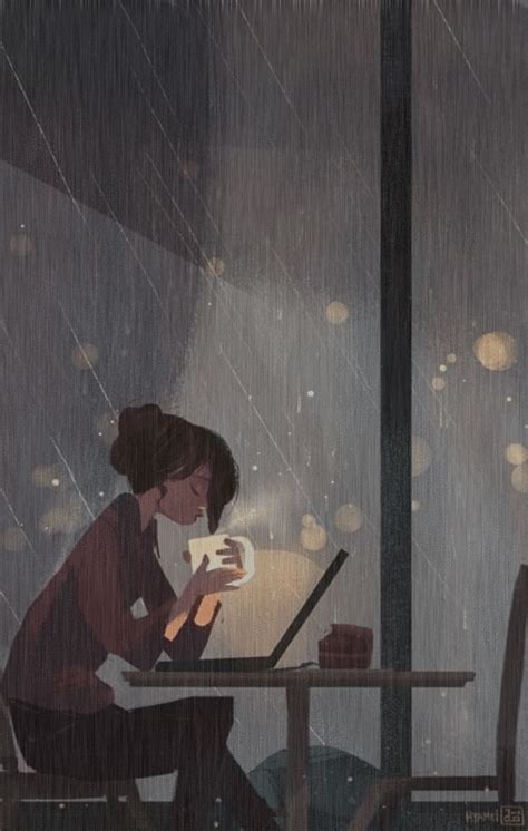 A Woman Sitting At A Table In The Rain