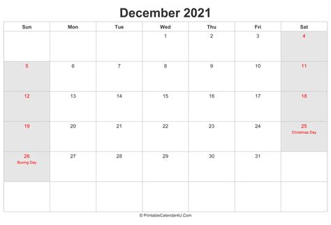 December 2021 Calendar With Uk Bank Holidays Highlighted Landscape Layout