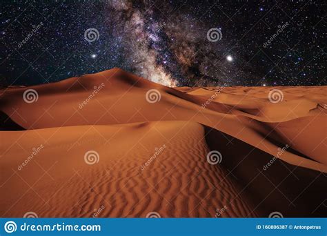 Amazing Views Of The Sahara Desert Under The Night Starry Sky Stock