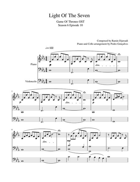 Light Of The Seven Sheet Music For Piano Cello Solo