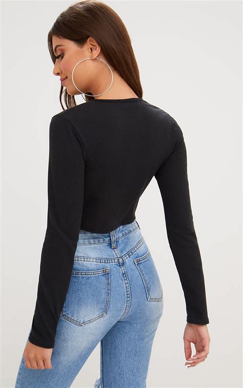 Black Ribbed Long Sleeve Crop Top Tops Prettylittlething Ca