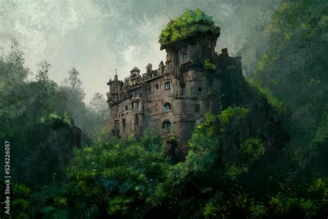 An Old Medieval Castle Deep In The Forest Surrounded With Dense Woods