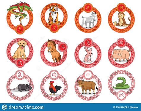 12 Chinese Zodiac Animals Ornamental Frame Lunar New Year Isolated