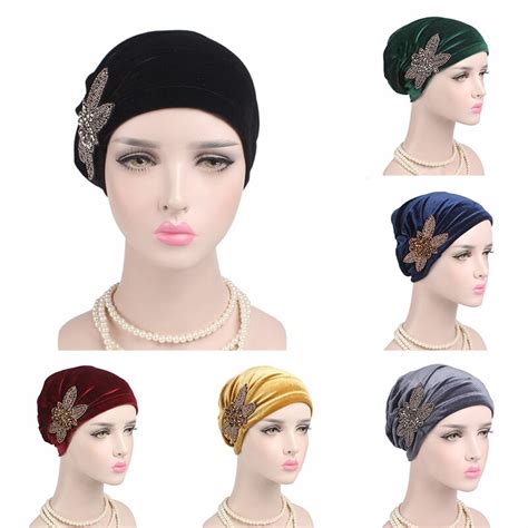 luxury pleated velvet magic turban hijab head wrap beaded flower muslim indian headwrap women s