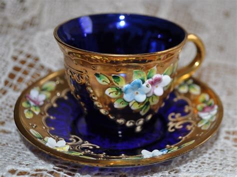 Vintage Bohemian Murano Cobalt Blue Glass Tea Cup And Saucer Glass