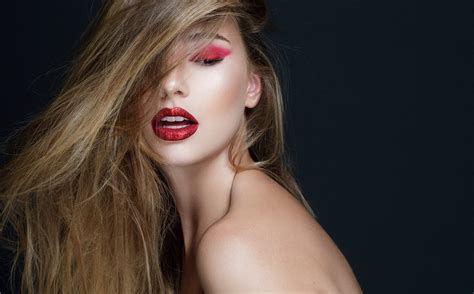 Wallpaper Makeup Women Face Model Red Lipstick Long Hair Blonde 2048x1274