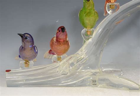 Mid Century Murano Glass Birds On A Branch Sculpture At