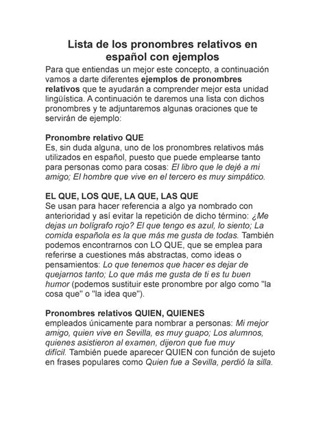 Material teórico Lista de los pronombres relativos en español con
