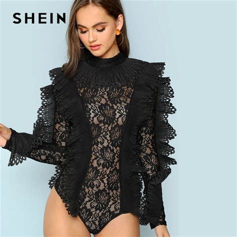 Buy Shein Black Party Sexy Ruffle Embellished Sheer Lace Long Sleeve Solid