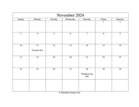 November 2024 Calendar Fillable Printable Templates Free