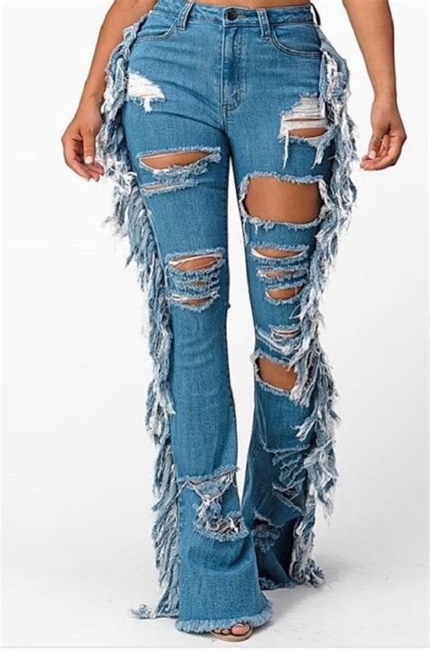 Distressed Ripped Fringe Jeans Etsy