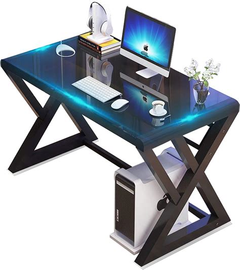 Urred Computer Desk Glass Top And Metal Frame Desk Table