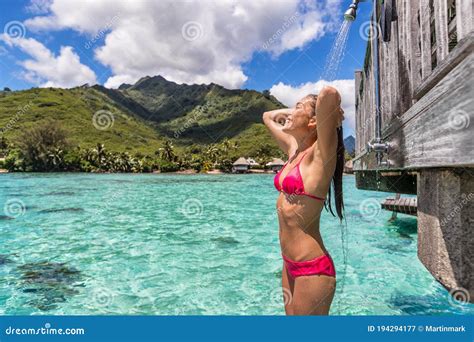 Luxury Travel Destination Bikini Woman Taking An Outdoor Shower At My