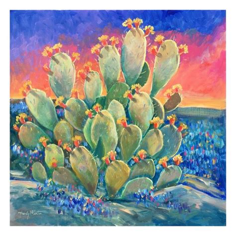 Sunset Cactus With Bluebonnets Painting | Desert painting, Painting