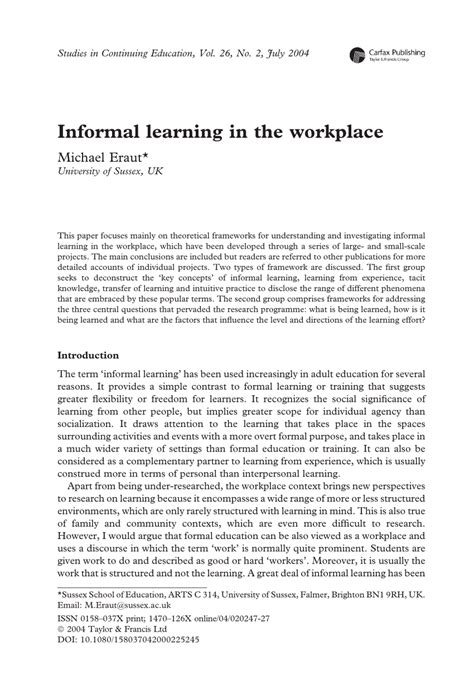 Pdf Informal Learning In The Workplace