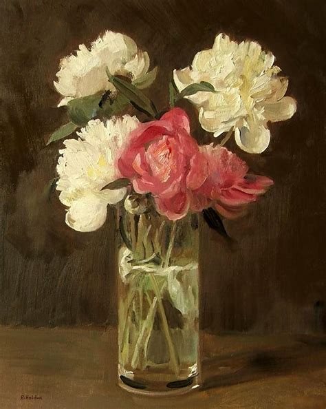 Peonies In Glass Vase Against Brown Background Painting By Robert Holden