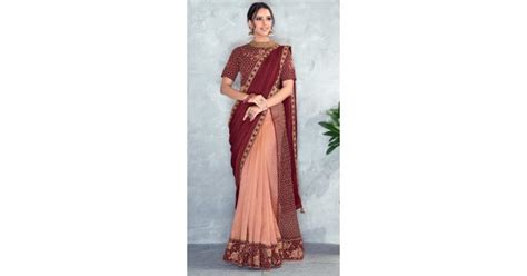 peach and maroon silk party wear half and half saree ms541567