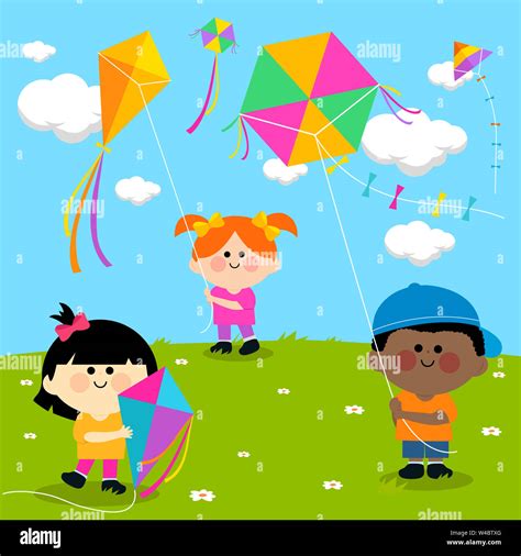 Illustration Of Children In A Meadow Playing With Colorful Kites In The