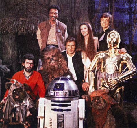 George Lucas Posing With Main Cast On The Ewok Village Set Star Wars