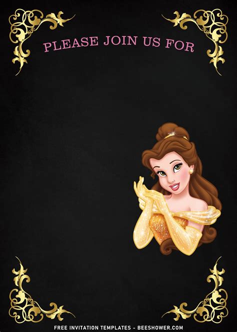 8 Beautiful Princess Belle Themed Girls Birthday Invitation Templates